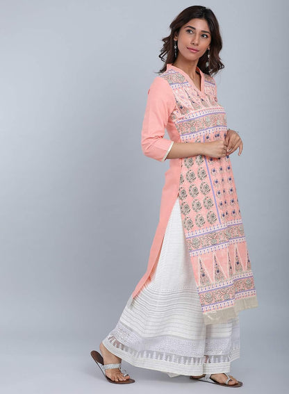 Pink V Neck Printed kurta - wforwoman