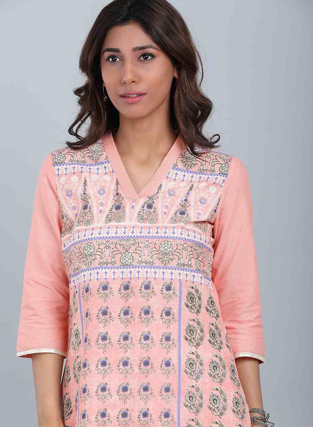 Pink V Neck Printed kurta - wforwoman