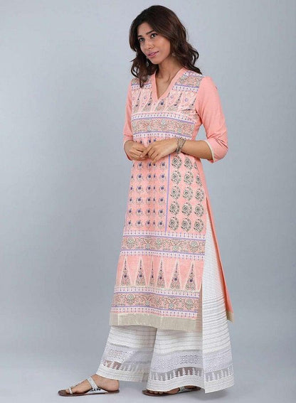 Pink V Neck Printed kurta - wforwoman