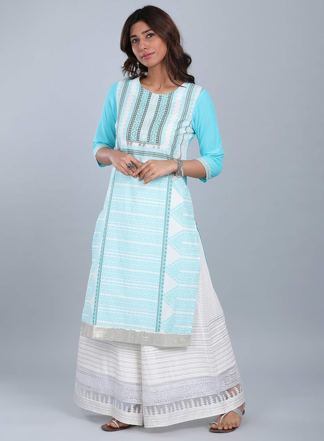 Blue Round Neck Printed kurta - wforwoman