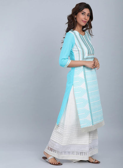 Blue Round Neck Printed kurta - wforwoman