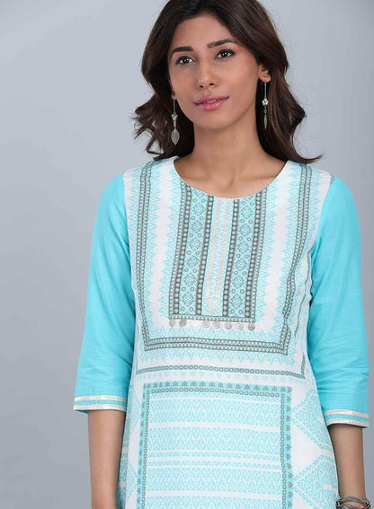 Blue Round Neck Printed kurta - wforwoman