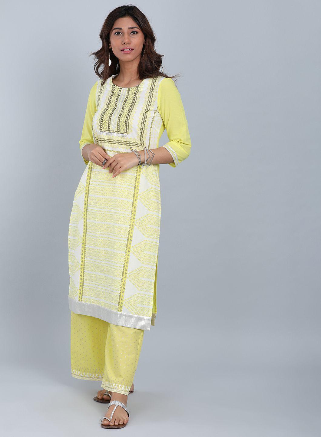 Yellow Round Neck Printed kurta - wforwoman