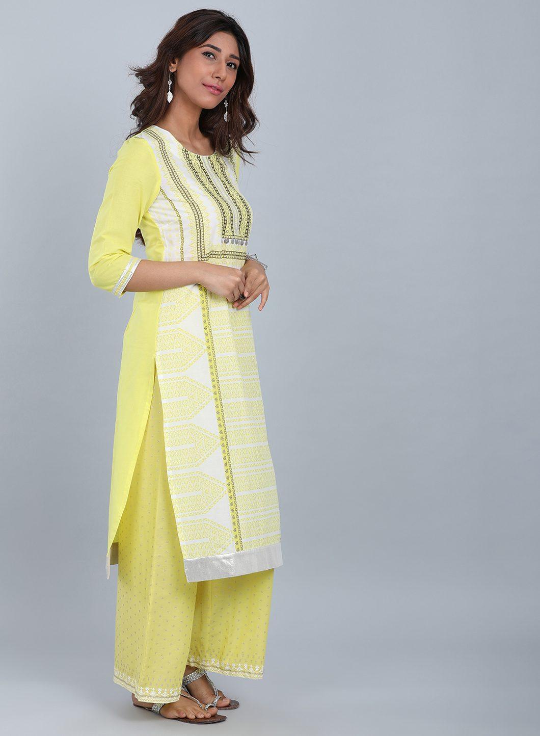 Yellow Round Neck Printed kurta - wforwoman