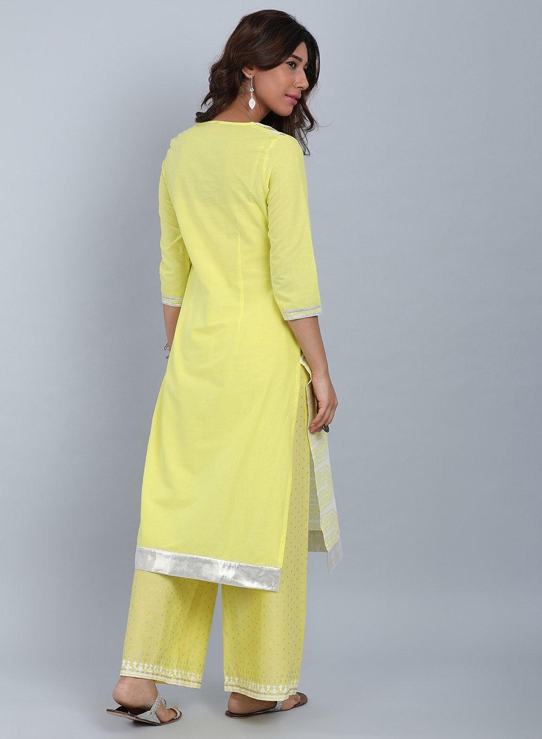 Yellow Round Neck Printed kurta - wforwoman