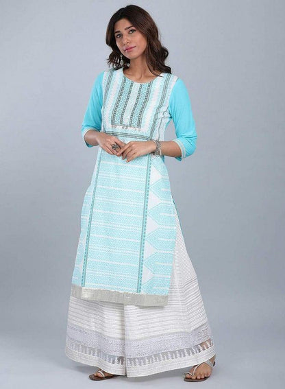 Blue Round Neck Printed kurta - wforwoman