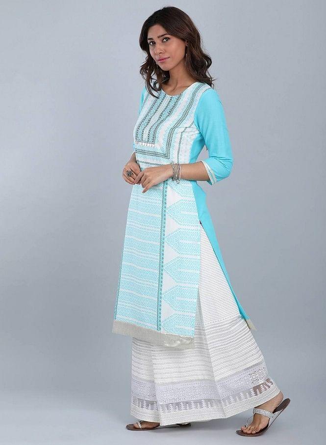 Blue Round Neck Printed kurta - wforwoman