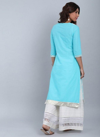 Blue Round Neck Printed kurta - wforwoman