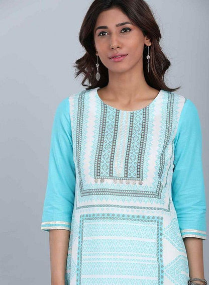 Blue Round Neck Printed kurta - wforwoman