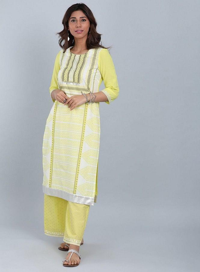 Yellow Round Neck Printed kurta - wforwoman