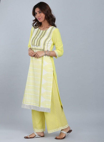 Yellow Round Neck Printed kurta - wforwoman