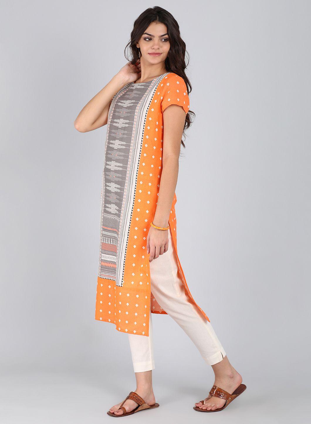 Orange Round Neck Printed kurta - wforwoman