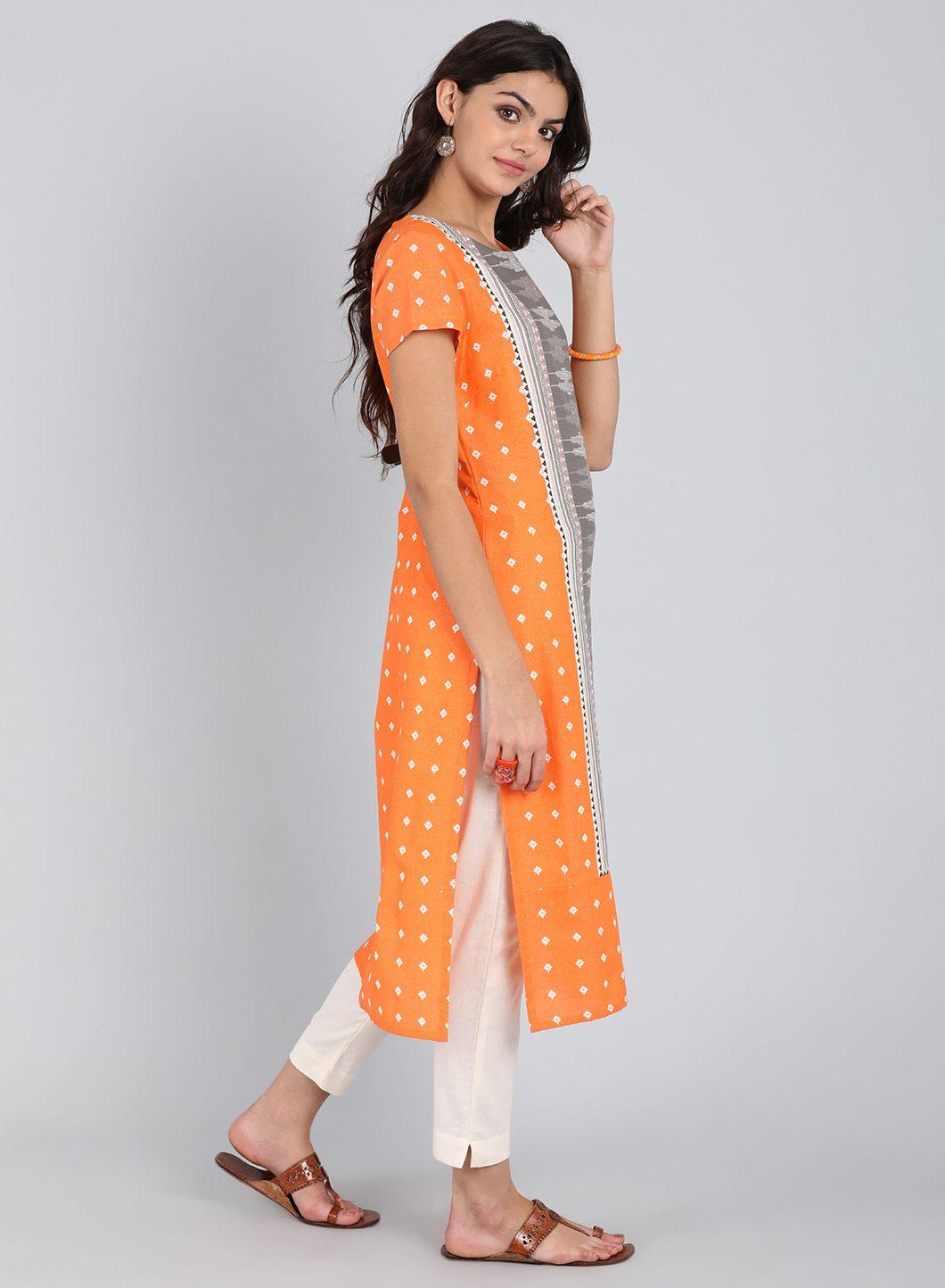 Orange Round Neck Printed kurta - wforwoman