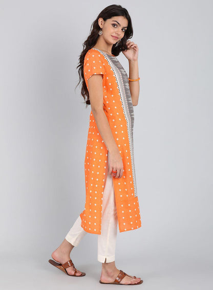 Orange Round Neck Printed kurta - wforwoman