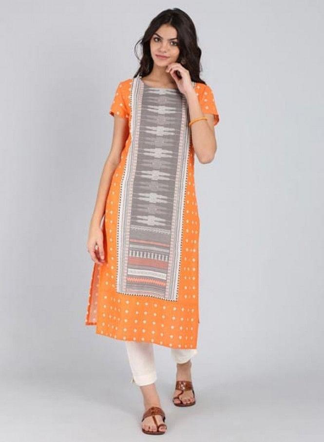 Orange Round Neck Printed kurta - wforwoman