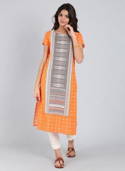 Orange Round Neck Printed kurta - wforwoman