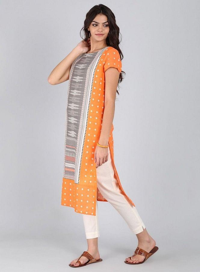 Orange Round Neck Printed kurta - wforwoman