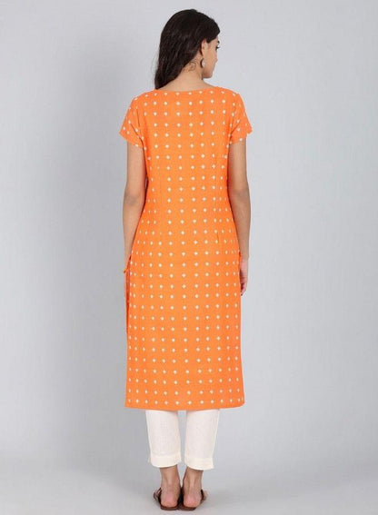 Orange Round Neck Printed kurta - wforwoman