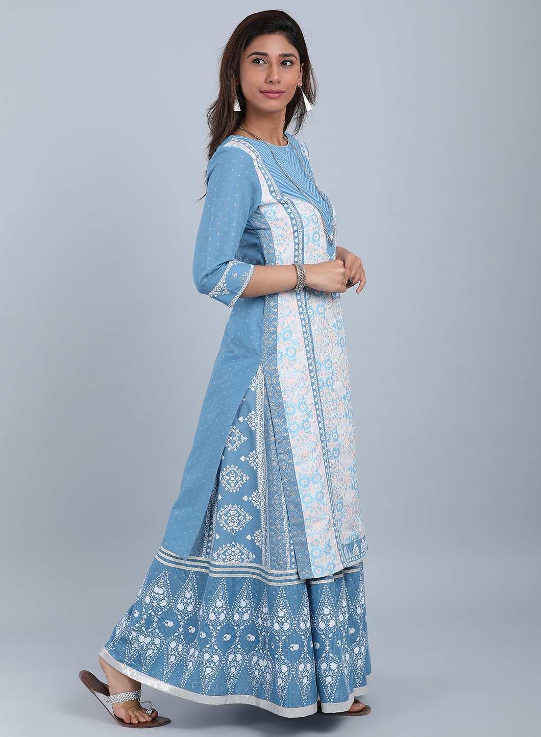 White &amp; Blue Round Neck Printed kurta - wforwoman