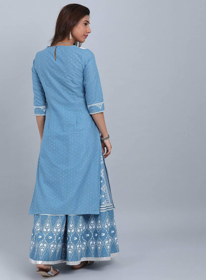 White &amp; Blue Round Neck Printed kurta - wforwoman