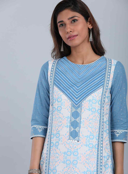 White &amp; Blue Round Neck Printed kurta - wforwoman