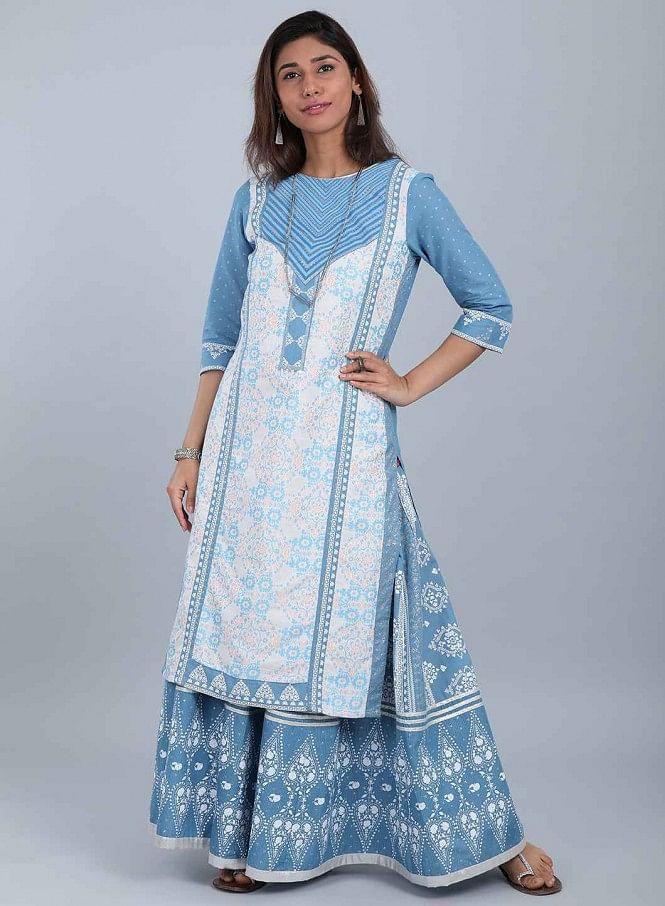 White &amp; Blue Round Neck Printed kurta - wforwoman