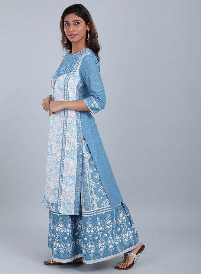 White &amp; Blue Round Neck Printed kurta - wforwoman