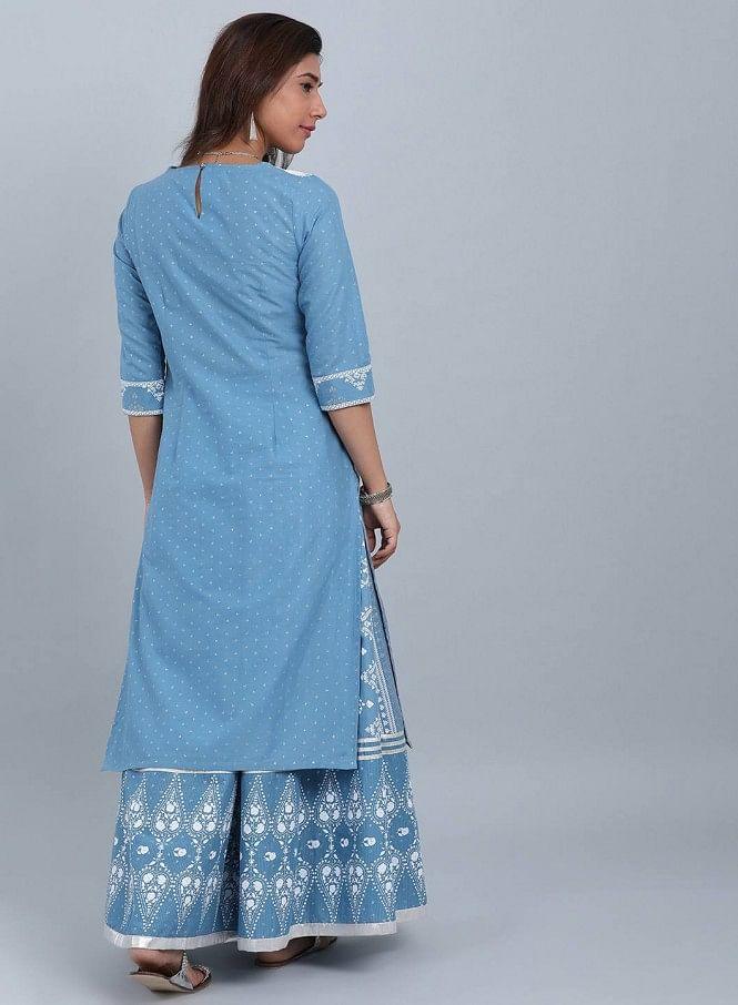 White &amp; Blue Round Neck Printed kurta - wforwoman