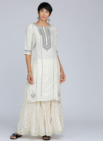 White Round Neck Printed kurta - wforwoman