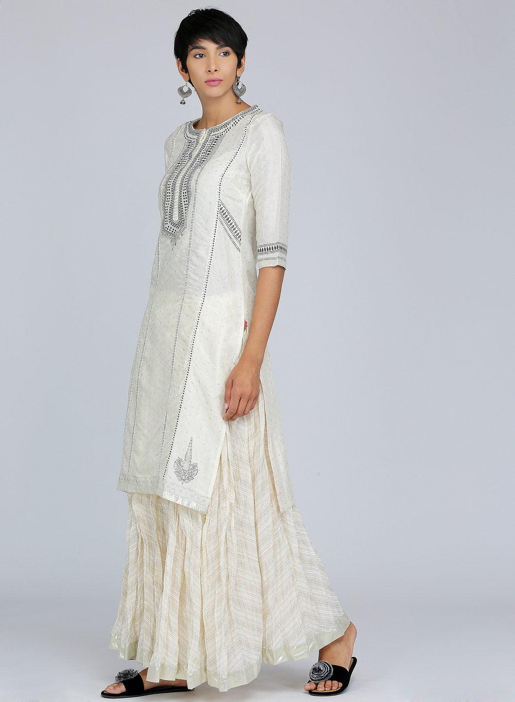 White Round Neck Printed kurta - wforwoman