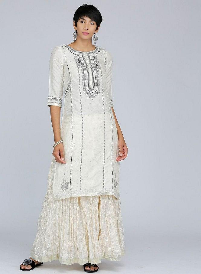 White Round Neck Printed kurta - wforwoman