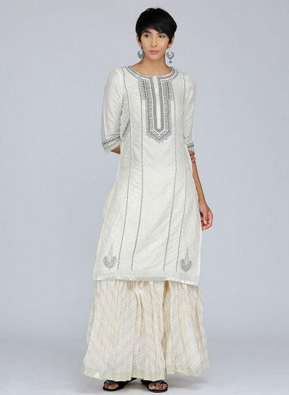 White Round Neck Printed kurta - wforwoman