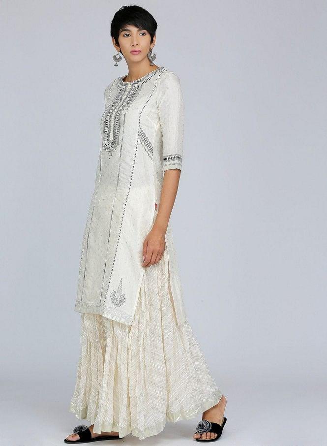 White Round Neck Printed kurta - wforwoman