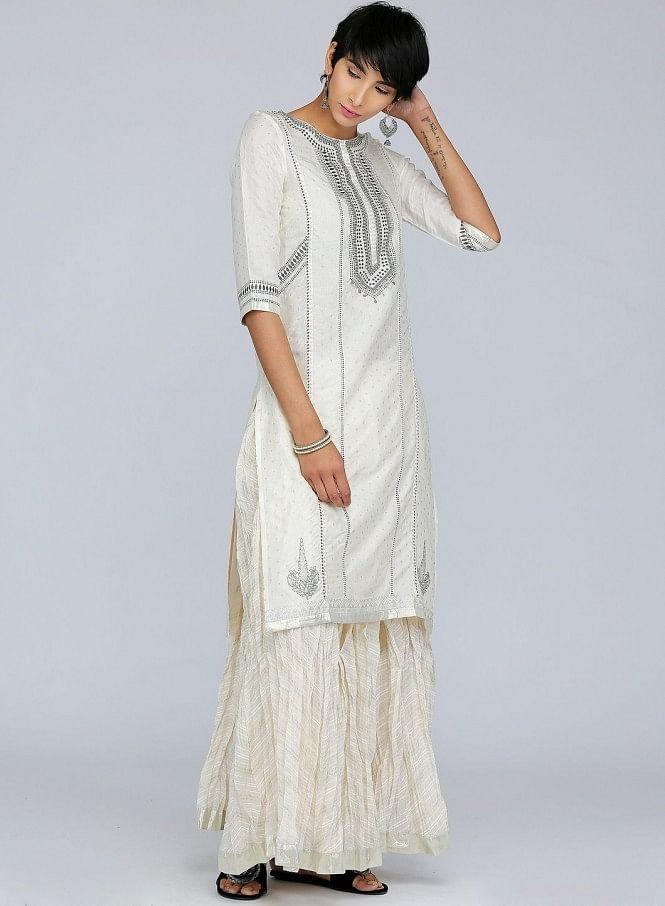 White Round Neck Printed kurta - wforwoman