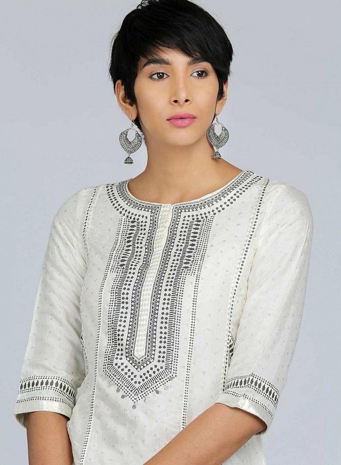 White Round Neck Printed kurta - wforwoman