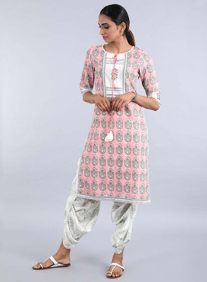 Peach Round Neck Printed kurta - wforwoman