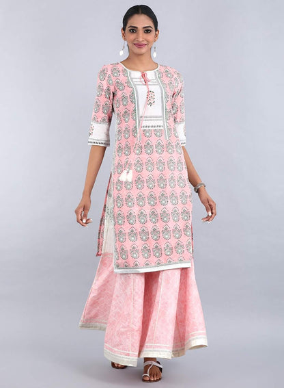 Peach Round Neck Printed kurta - wforwoman