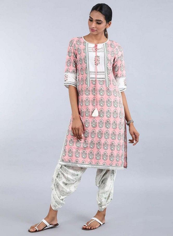 Peach Round Neck Printed kurta - wforwoman