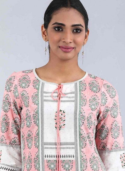 Peach Round Neck Printed kurta - wforwoman