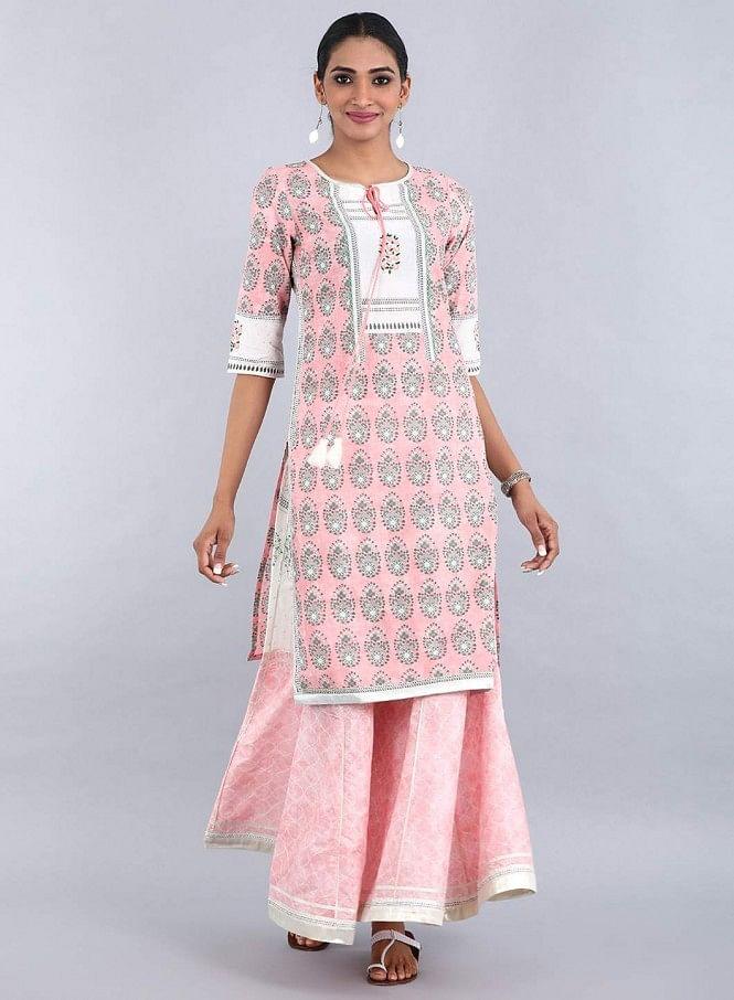 Peach Round Neck Printed kurta - wforwoman