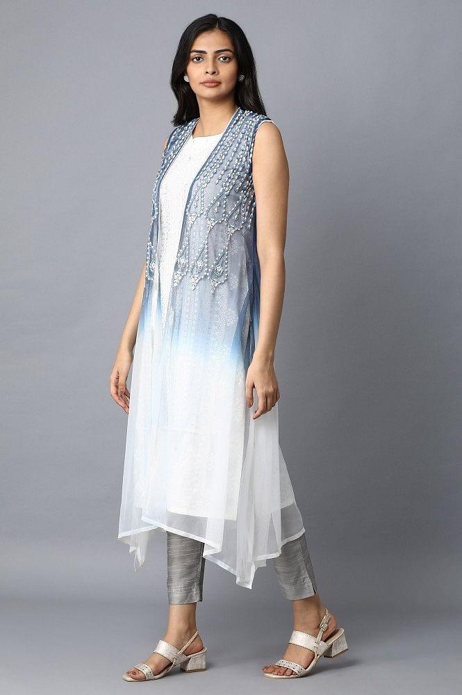 White &amp; Blue Printed kurta - wforwoman