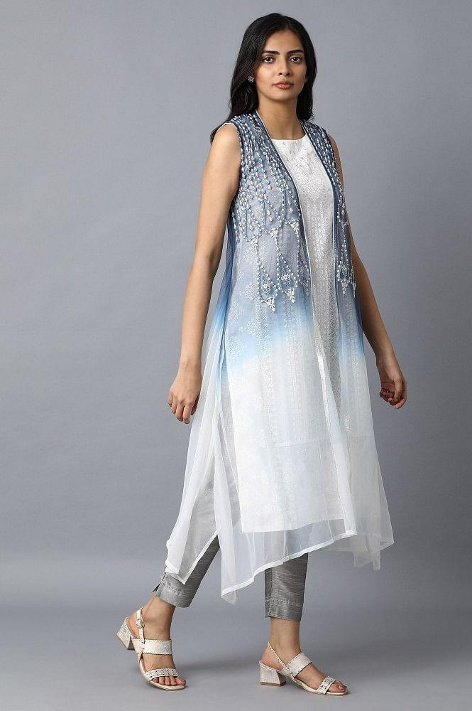 White &amp; Blue Printed kurta - wforwoman