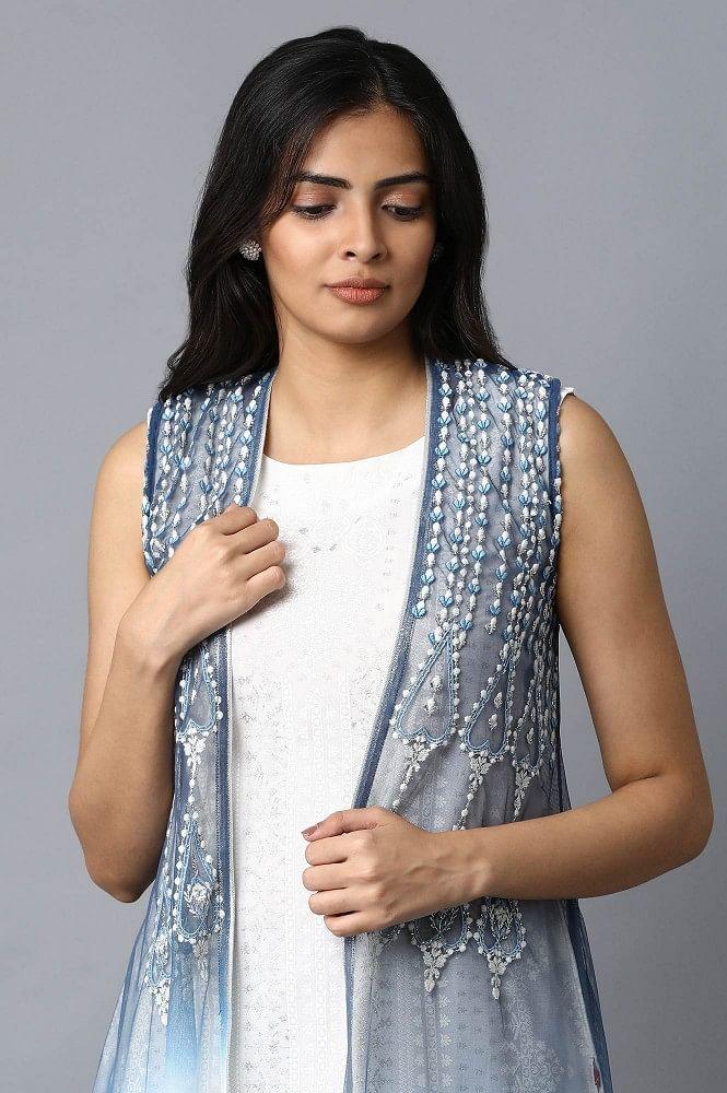 White &amp; Blue Printed kurta - wforwoman