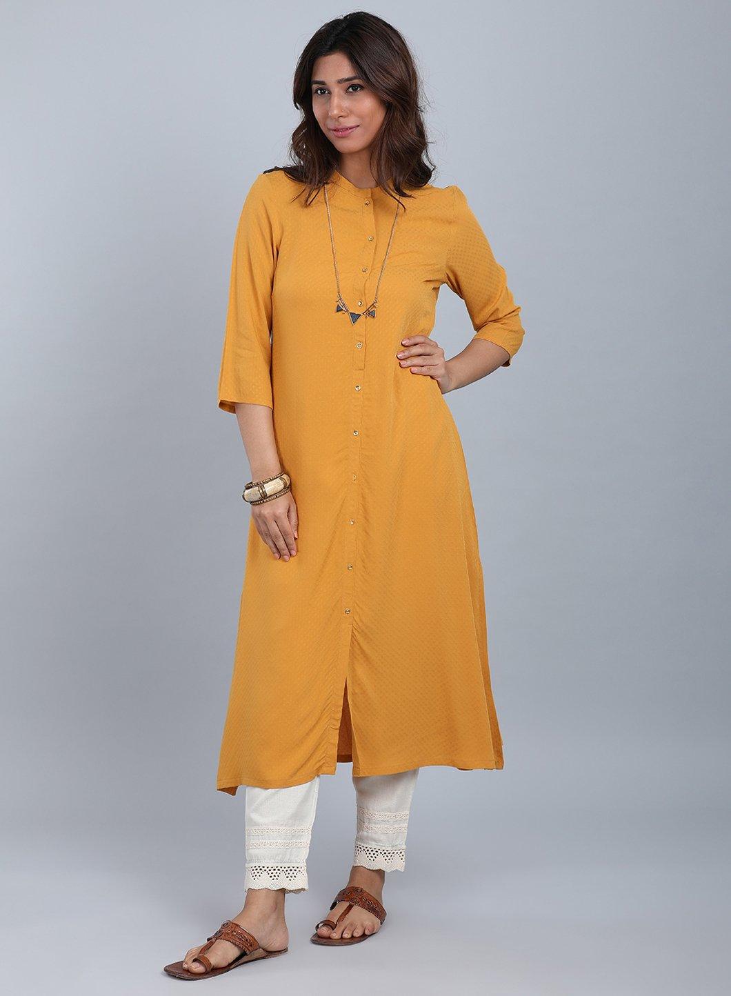 Yellow Mandarin Neck Solid kurta - wforwoman