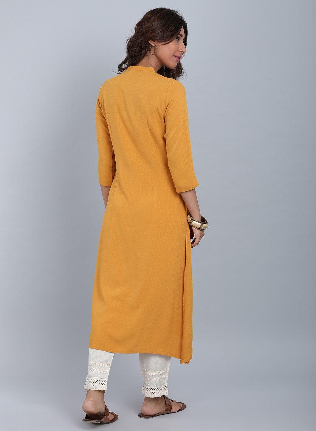 Yellow Mandarin Neck Solid kurta - wforwoman