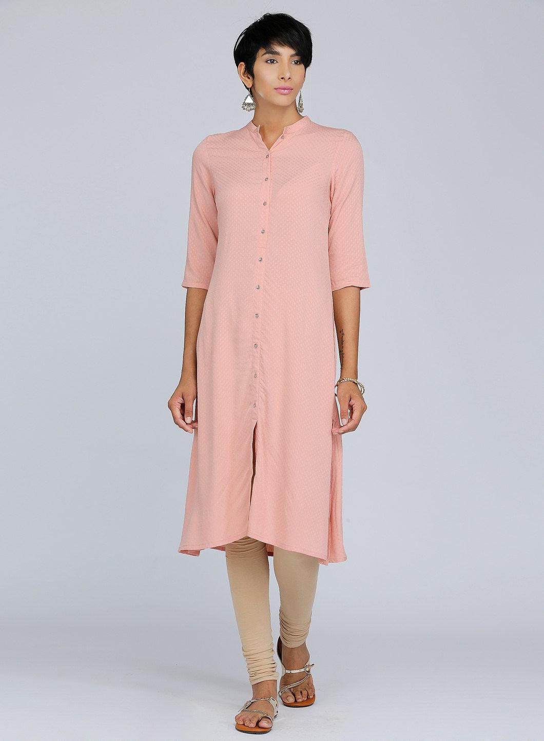 Pink Mandarin Neck Solid kurta - wforwoman