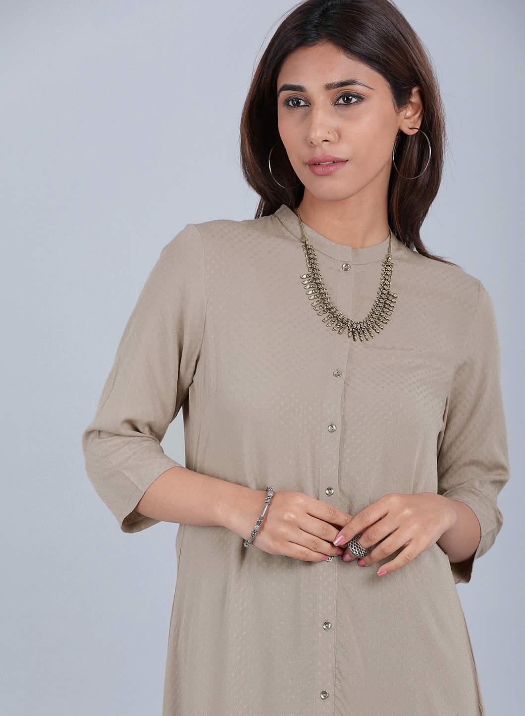 Grey Mandarin Neck Solid kurta - wforwoman