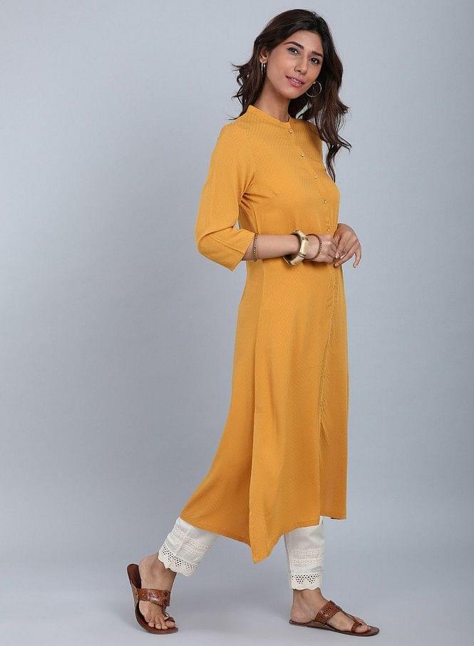 Yellow Mandarin Neck Solid kurta - wforwoman