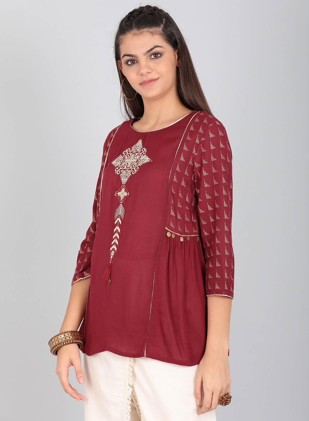 Red Printed Round Neck Top - wforwoman