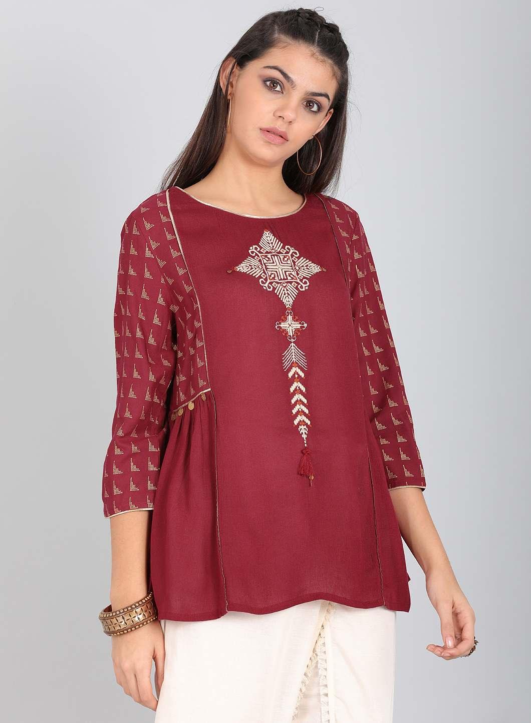 Red Printed Round Neck Top - wforwoman